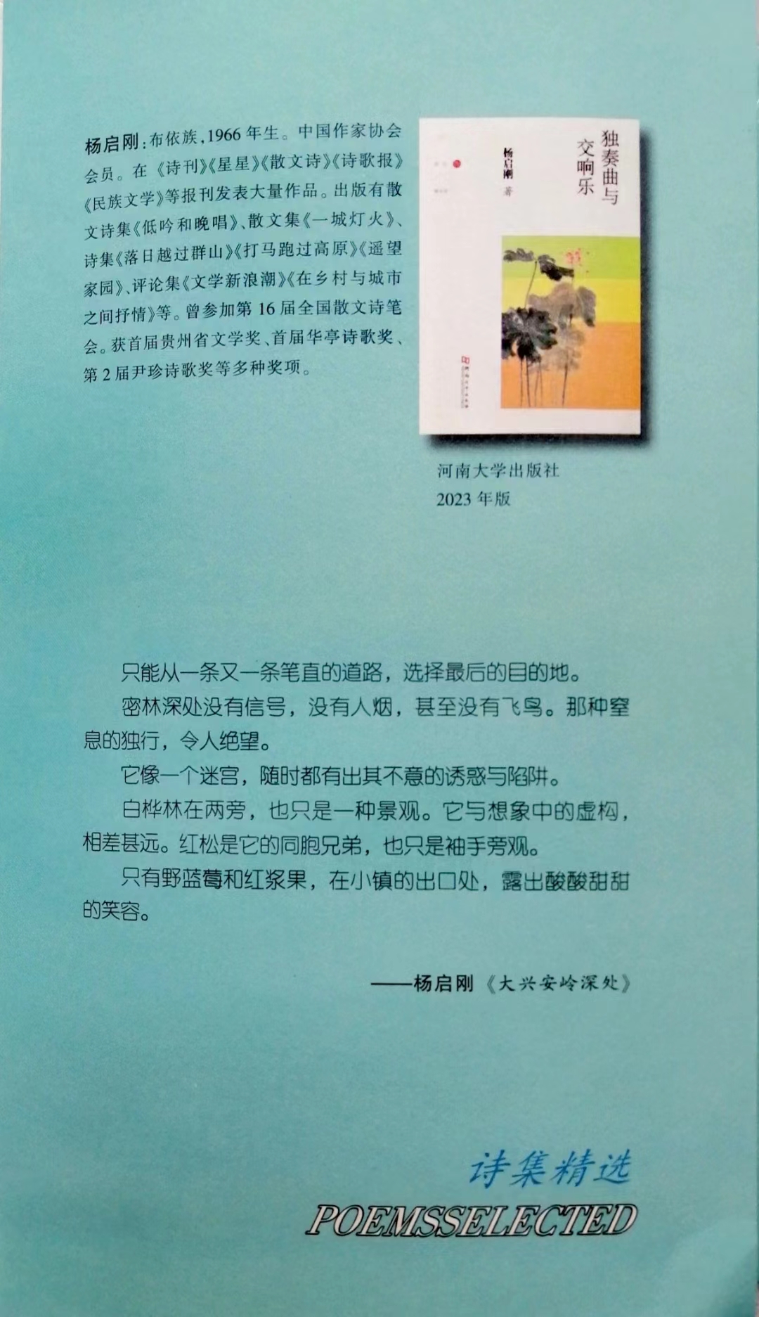 湖南《散文诗》杂志2024年第6期（上半月刊）封三刊发散文诗集《独奏曲与交响乐》一书的封面进行推介，并且把其中的作品《大兴安岭深处》和个人文学创作简介做成书签。
